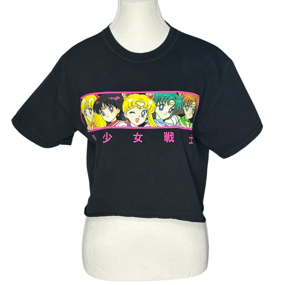 Sailor Moon Womens Black‎ Graphic Crop Top T-Shirt Scouts Japanese Kanji Medium